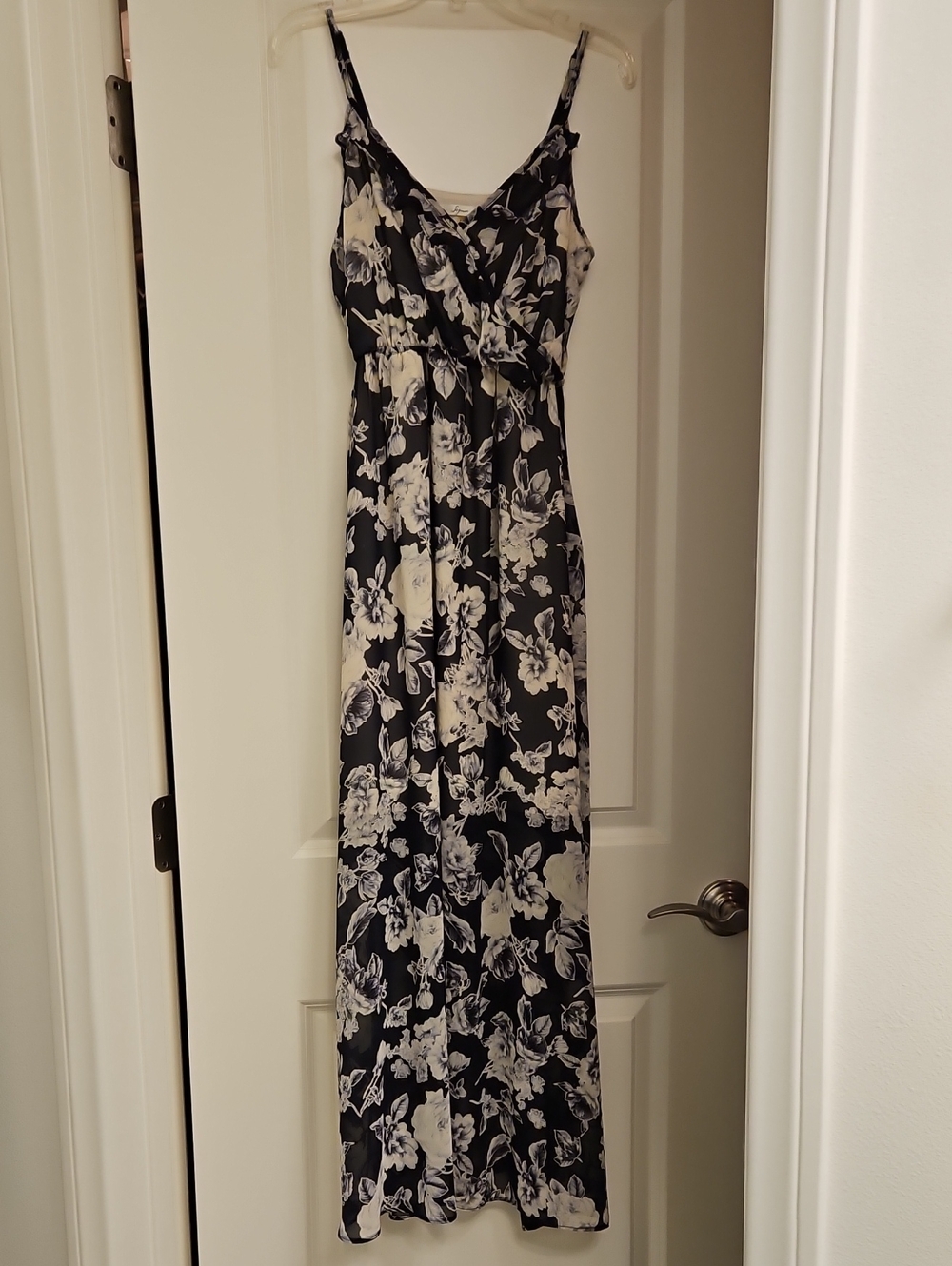 Soprano Black and Cream Floral Maxi Dress with Spaghetti Straps